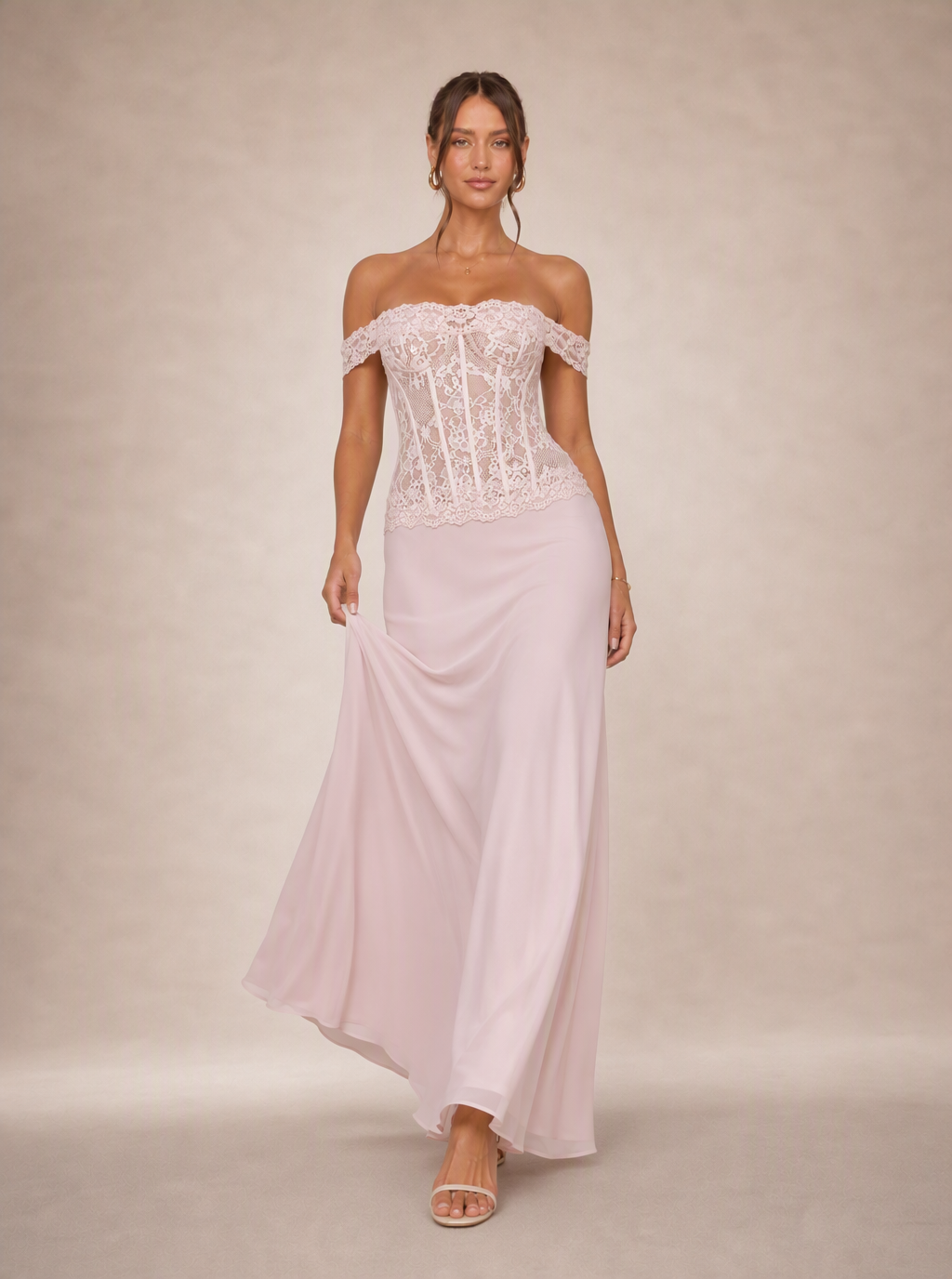 Rae Sera Eulalie Off-Shoulder Lace Maxi Dress in pink
