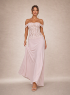 Rae Sera Eulalie Off-Shoulder Lace Maxi Dress in pink