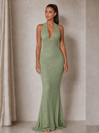 Rae Sera Anais Sequin Halter Maxi Dress in champagne gold